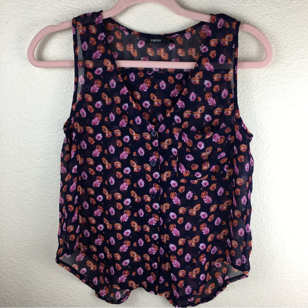 Poetry Women's Navy Blue Pink Orange Floral Sheer Top Size S